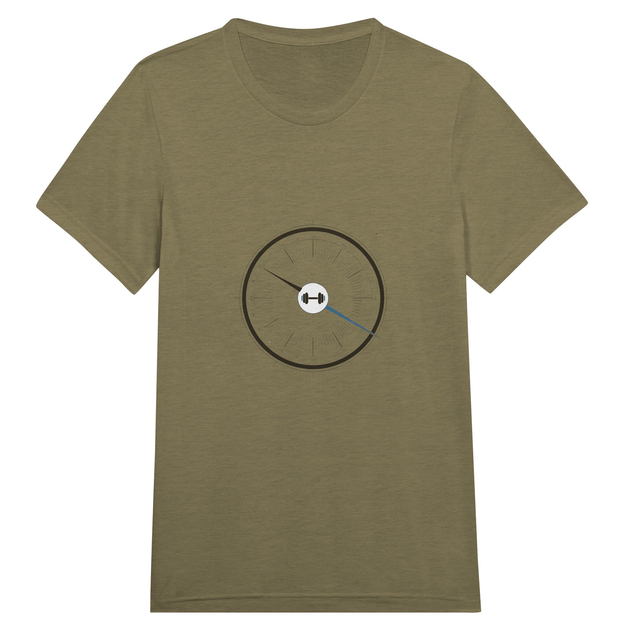Close-up of the Bedside Manner Barbell Manner altimeter dial and dumbbell graphic on tee