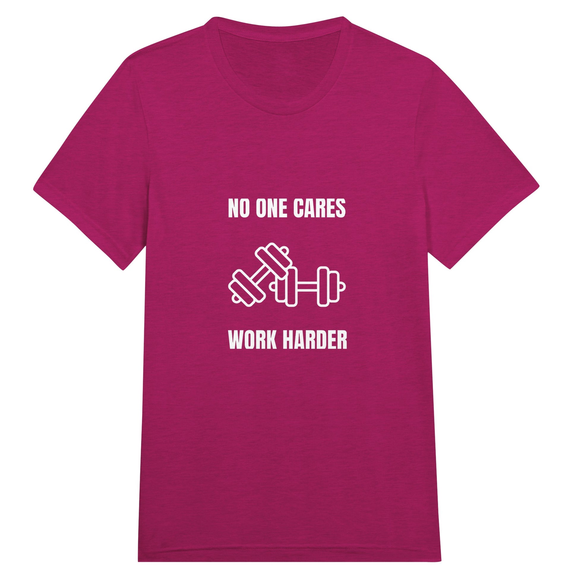 unisex triblend travel tee with white No One Cares. Work Harder. crossed-dumbbells print, styled for hotel gym training