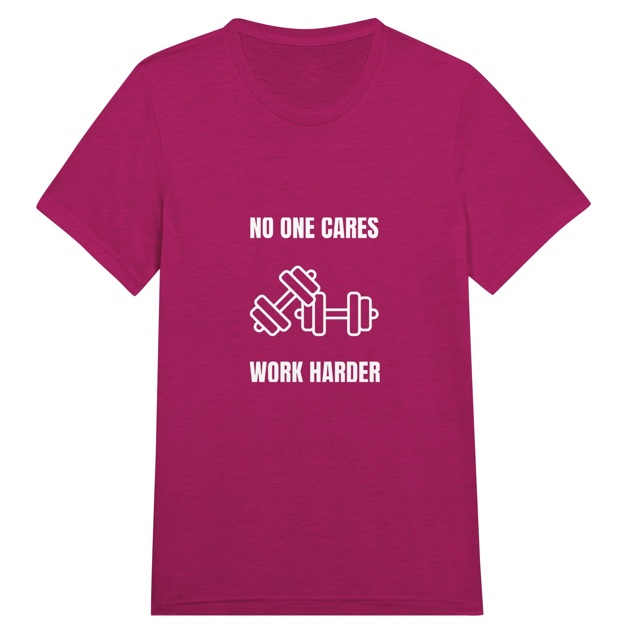 unisex triblend travel tee with white No One Cares. Work Harder. crossed-dumbbells print, styled for hotel gym training