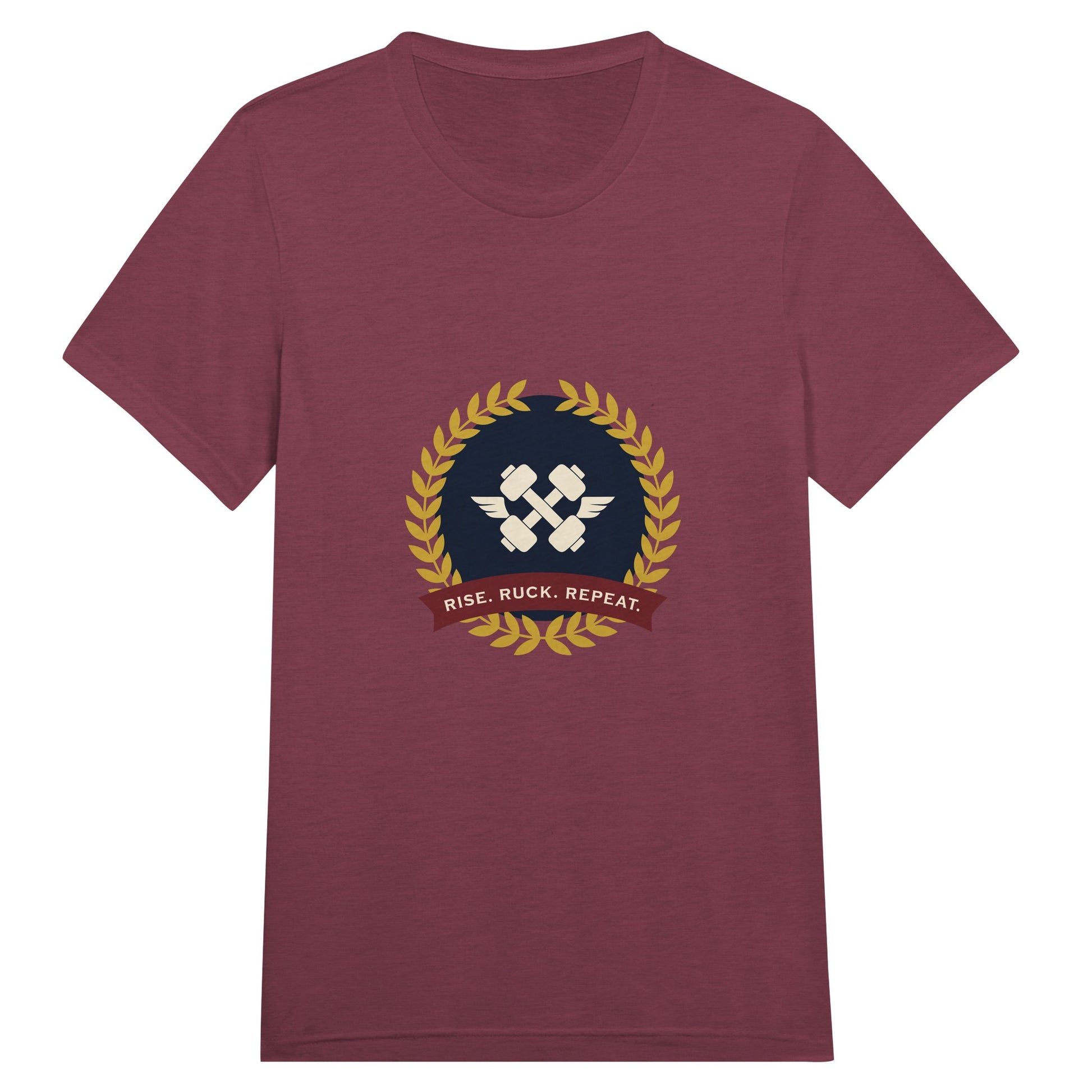 Rise. Ruck. Repeat. unisex triblend tee in Cardinal Triblend — packable travel training apparel from Dumbbells & Hotels