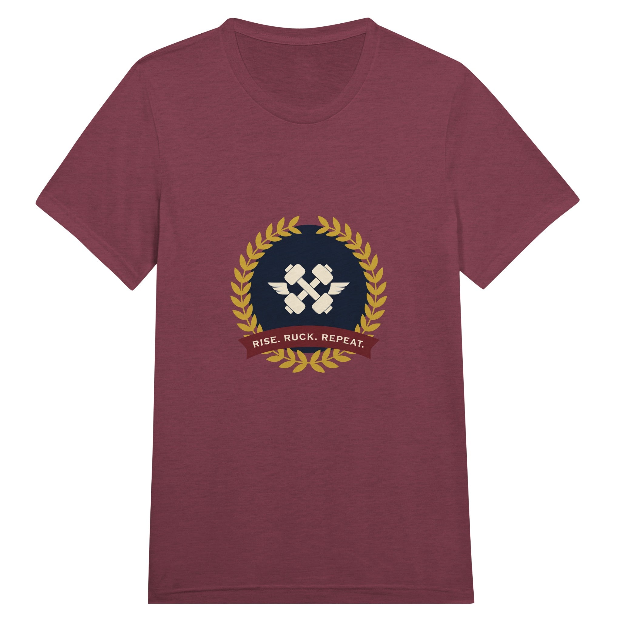 Rise. Ruck. Repeat. unisex triblend tee in Cardinal Triblend — packable travel training apparel from Dumbbells & Hotels