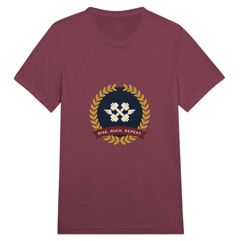 Rise. Ruck. Repeat. unisex triblend tee in Cardinal Triblend — packable travel training apparel from Dumbbells & Hotels