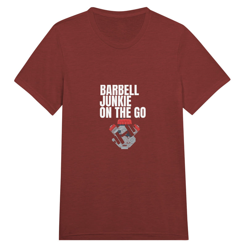 Barbell Junkie on the Go unisex classic travel tee by Dumbbells & Hotels — road warrior gym apparel