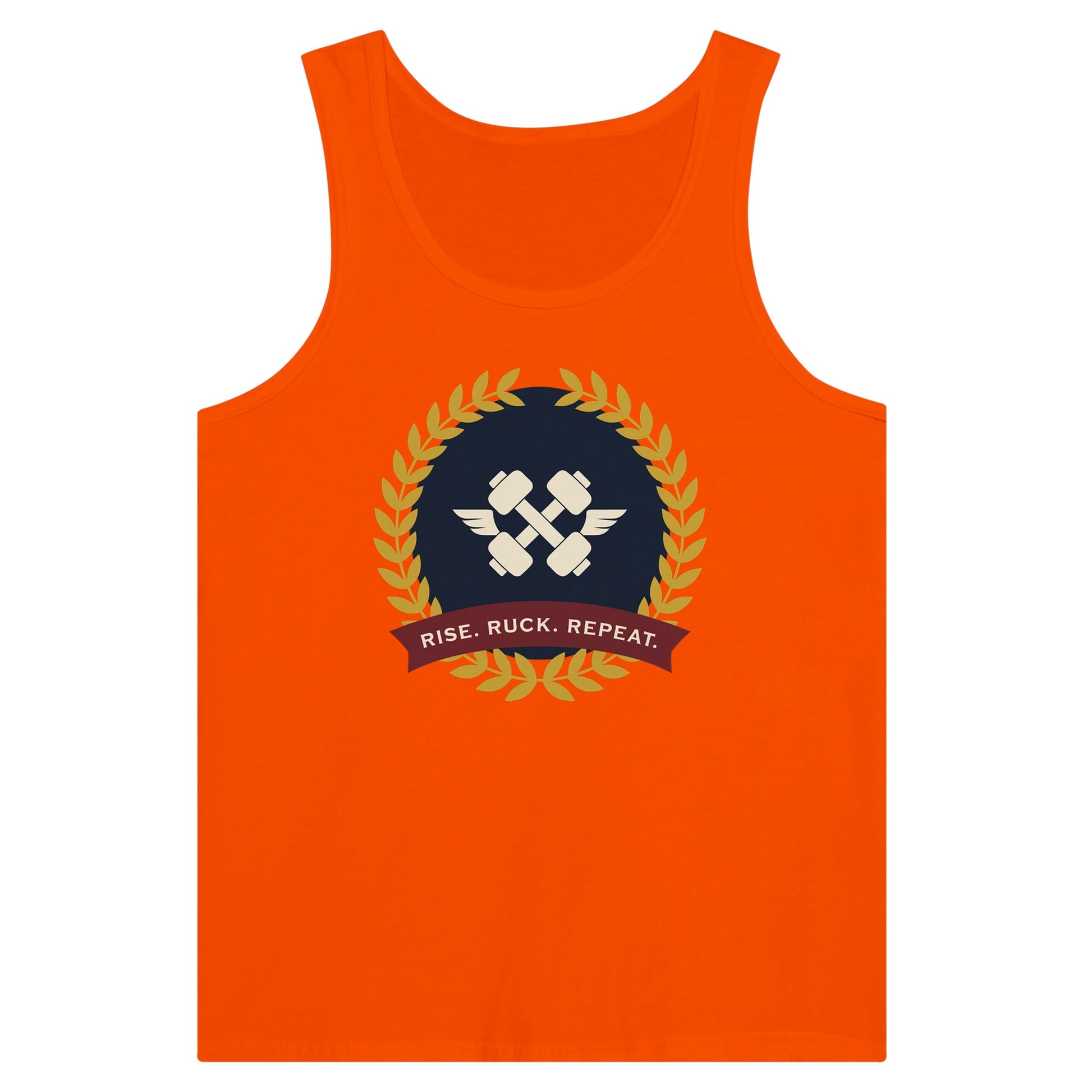 Rise. Ruck. Repeat. artwork detail on a unisex tank top designed for hotel gyms and long layovers