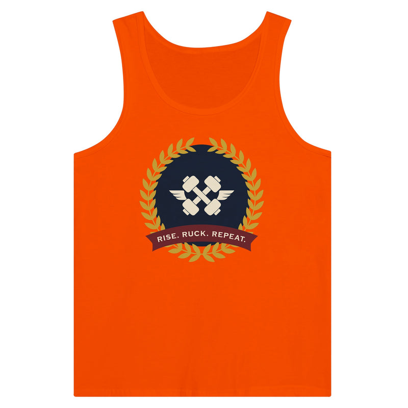 Rise. Ruck. Repeat. artwork detail on a unisex tank top designed for hotel gyms and long layovers