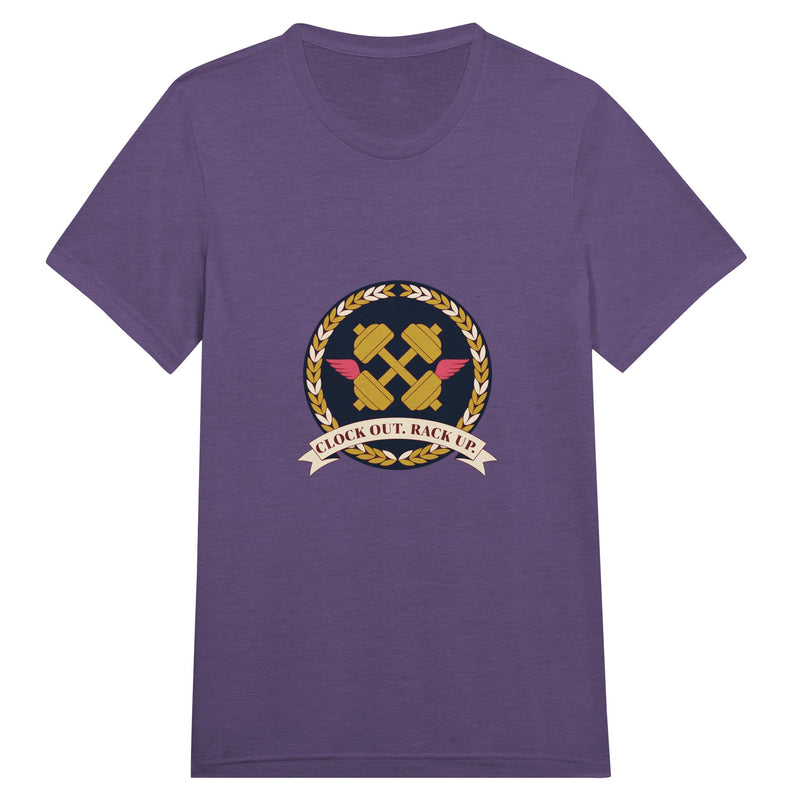 Clock Out. Rack Up. crest design on a Dumbbells and Hotels unisex travel tee