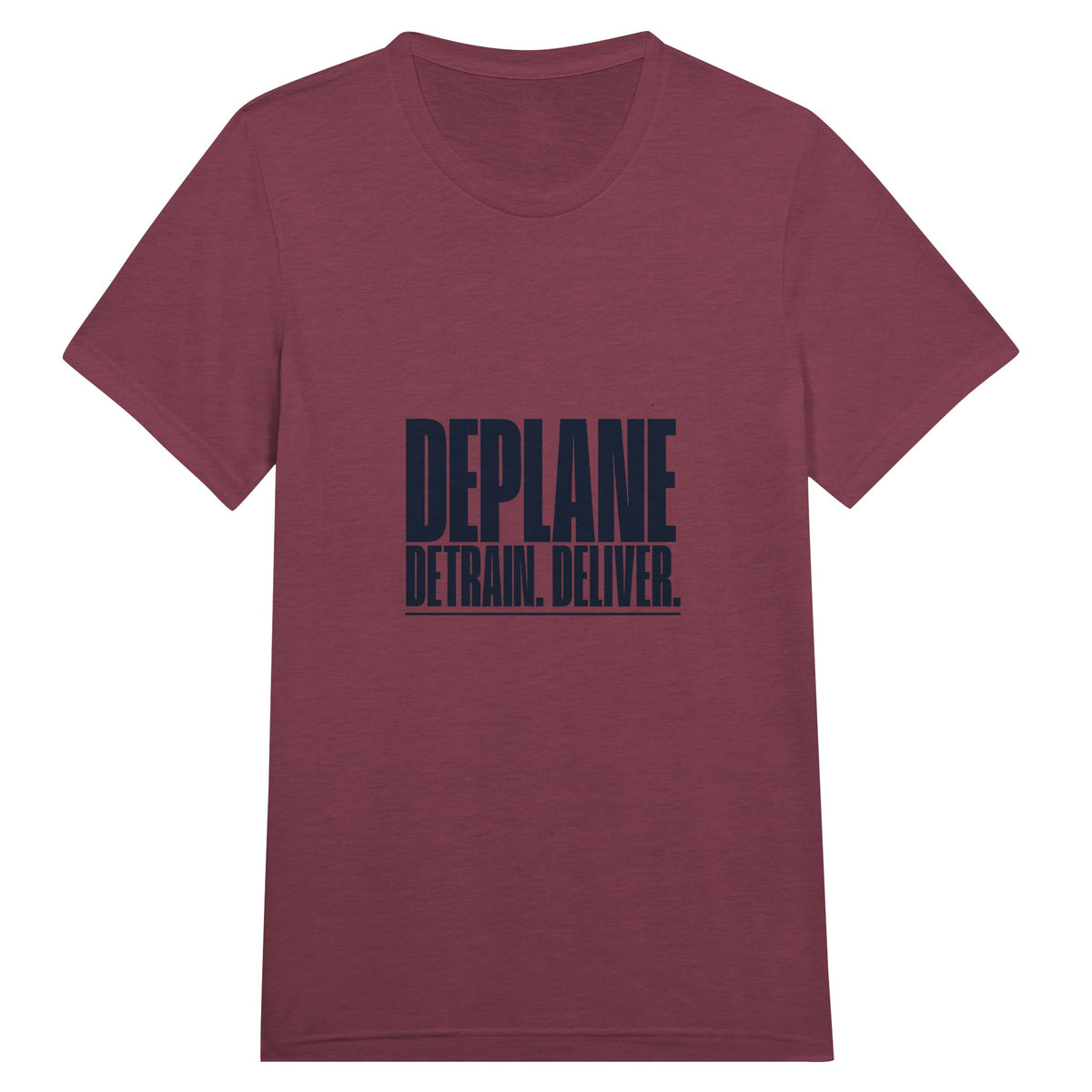 Deplane. Detrain. Deliver. travel tee, Dumbbells and Hotels, colorway flat lay