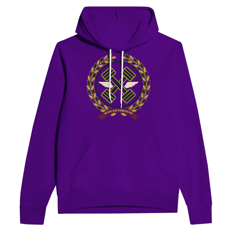 Suitcase Strength unisex pullover hoodie for travelling professionals, printed with a gold laurel-wreath crest with navy crossed dumbbells, cream aviator wings and a SUITCASE STRENGTH ribbon — product photo 3 of 12