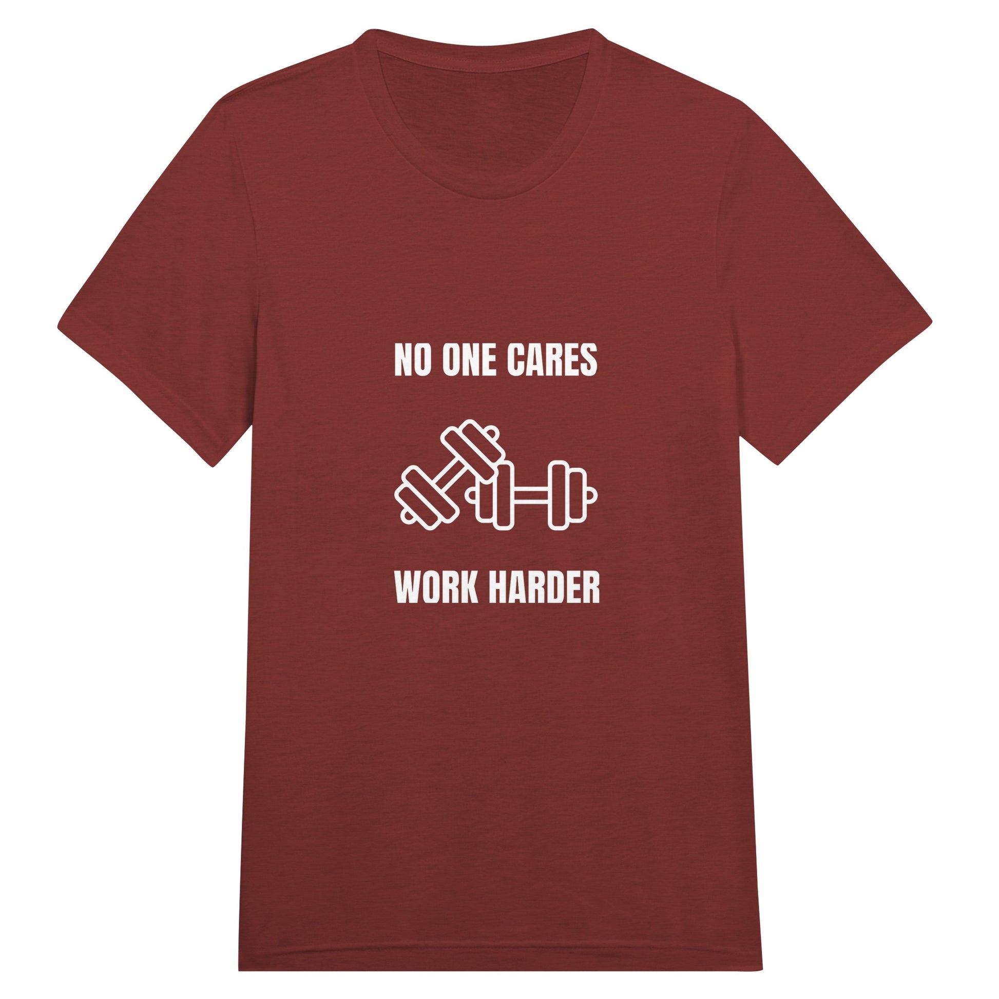 unisex triblend travel tee with white No One Cares. Work Harder. crossed-dumbbells print, styled for hotel gym training