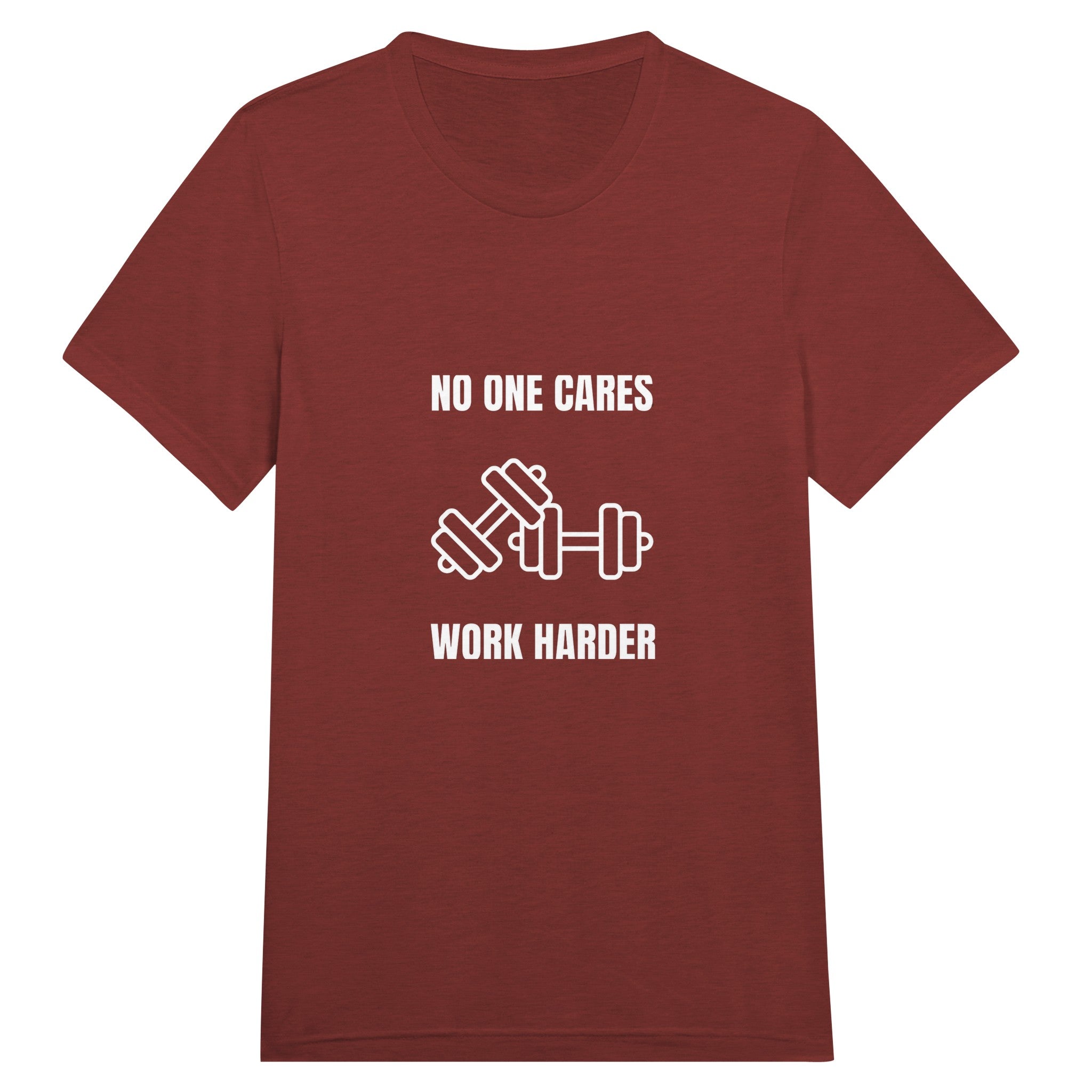 unisex triblend travel tee with white No One Cares. Work Harder. crossed-dumbbells print, styled for hotel gym training