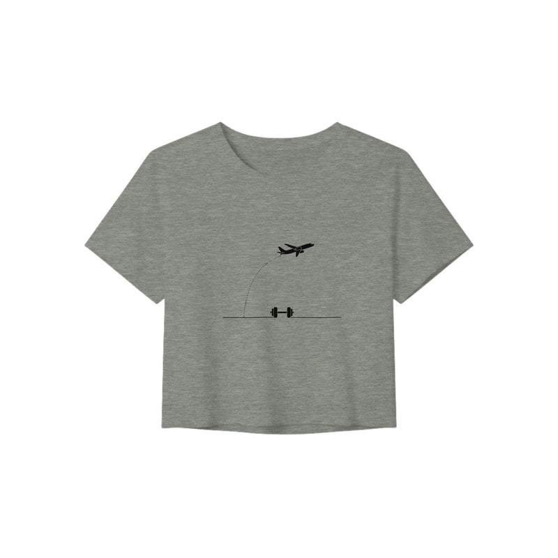 Beverage Cart Miles, Bodyweight Wins women's travel crop tee by Dumbbells & Hotels - back view