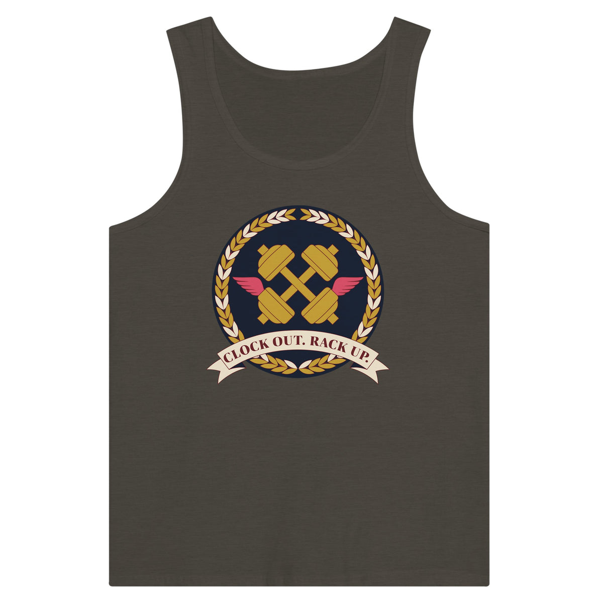Clock Out. Rack Up. crest design on a Dumbbells and Hotels unisex tank top