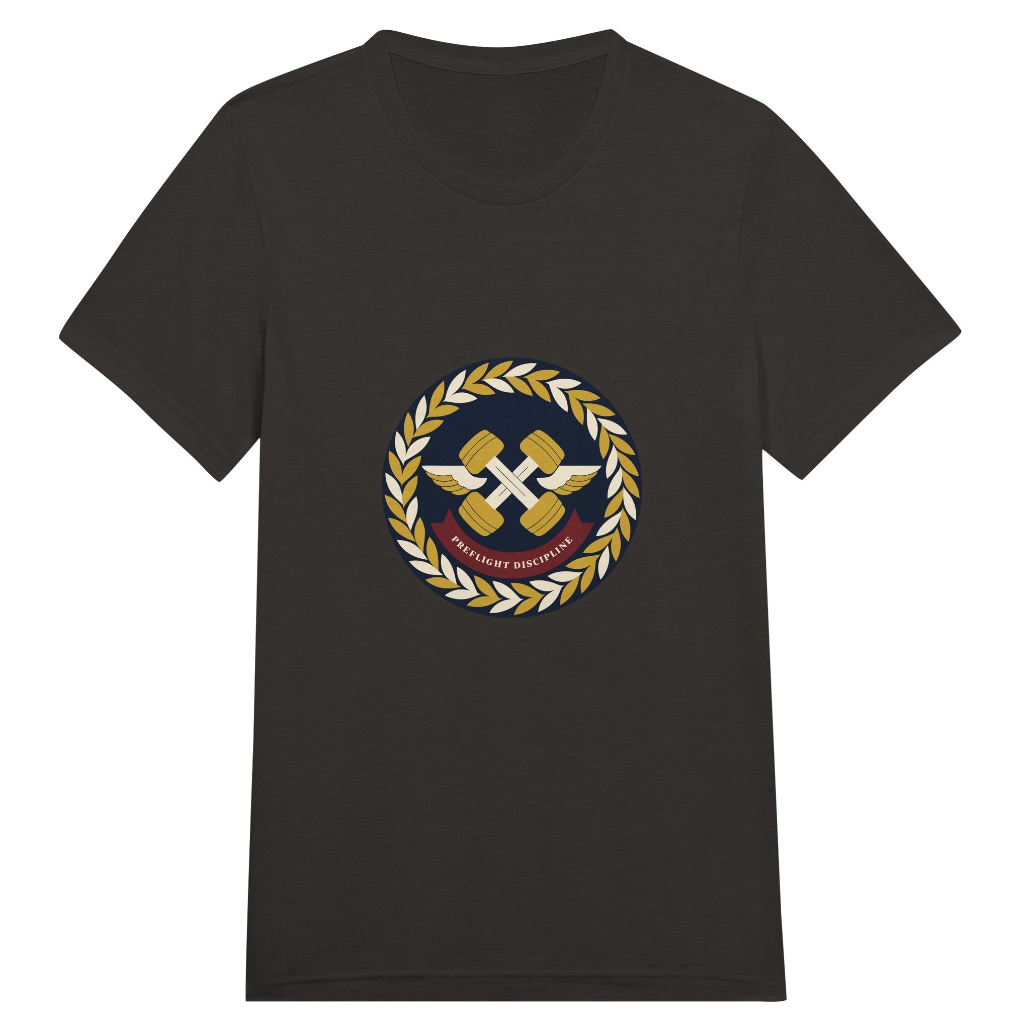 Preflight Discipline winged-dumbbell crest with laurel wreath on a unisex triblend tee by Dumbbells & Hotels — view 13 of 19