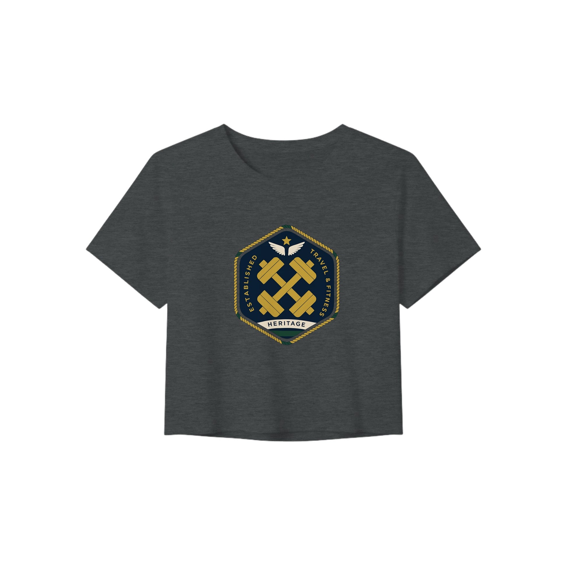 Heritage Standard crest-emblem travel crop tee, Dumbbells & Hotels road warrior apparel