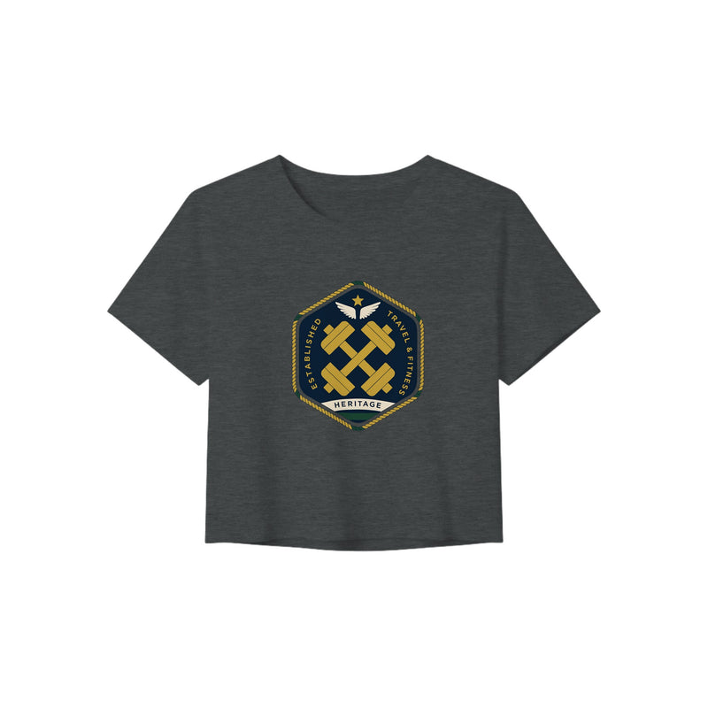 Heritage Standard crest-emblem travel crop tee, Dumbbells & Hotels road warrior apparel