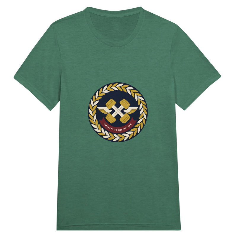 Preflight Discipline winged-dumbbell crest with laurel wreath on a unisex triblend tee by Dumbbells & Hotels — view 8 of 19