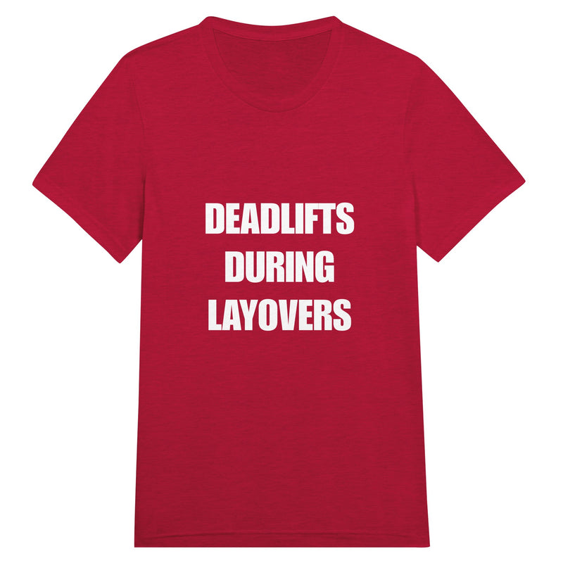 Deadlifts During Layovers travel workout tee — layover-ready capsule-wardrobe apparel designed by pilots | Dumbbells & Hotels