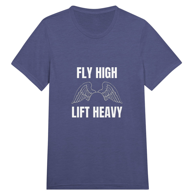 Fly High, Lift Heavy Wingspan Travel Tee in Triblend Navy — layover-ready workout tee by Dumbbells & Hotels