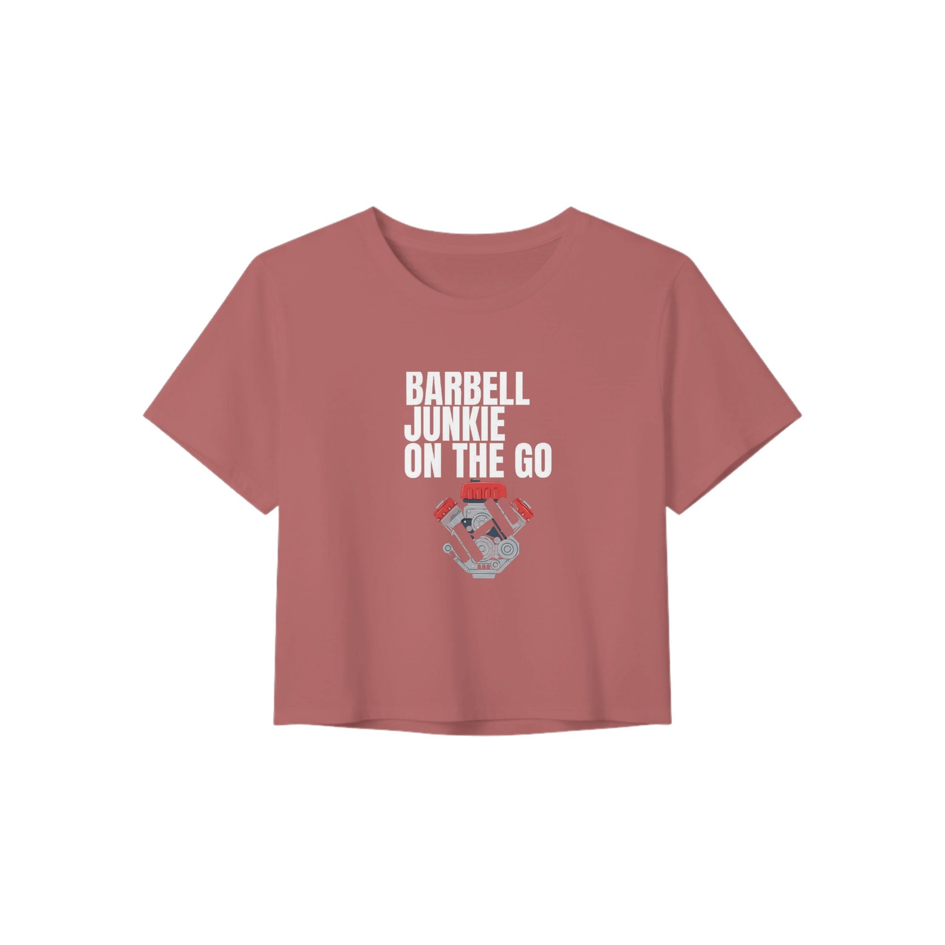 Barbell Junkie on the Go women's crop tee by Dumbbells & Hotels — road warrior gym apparel