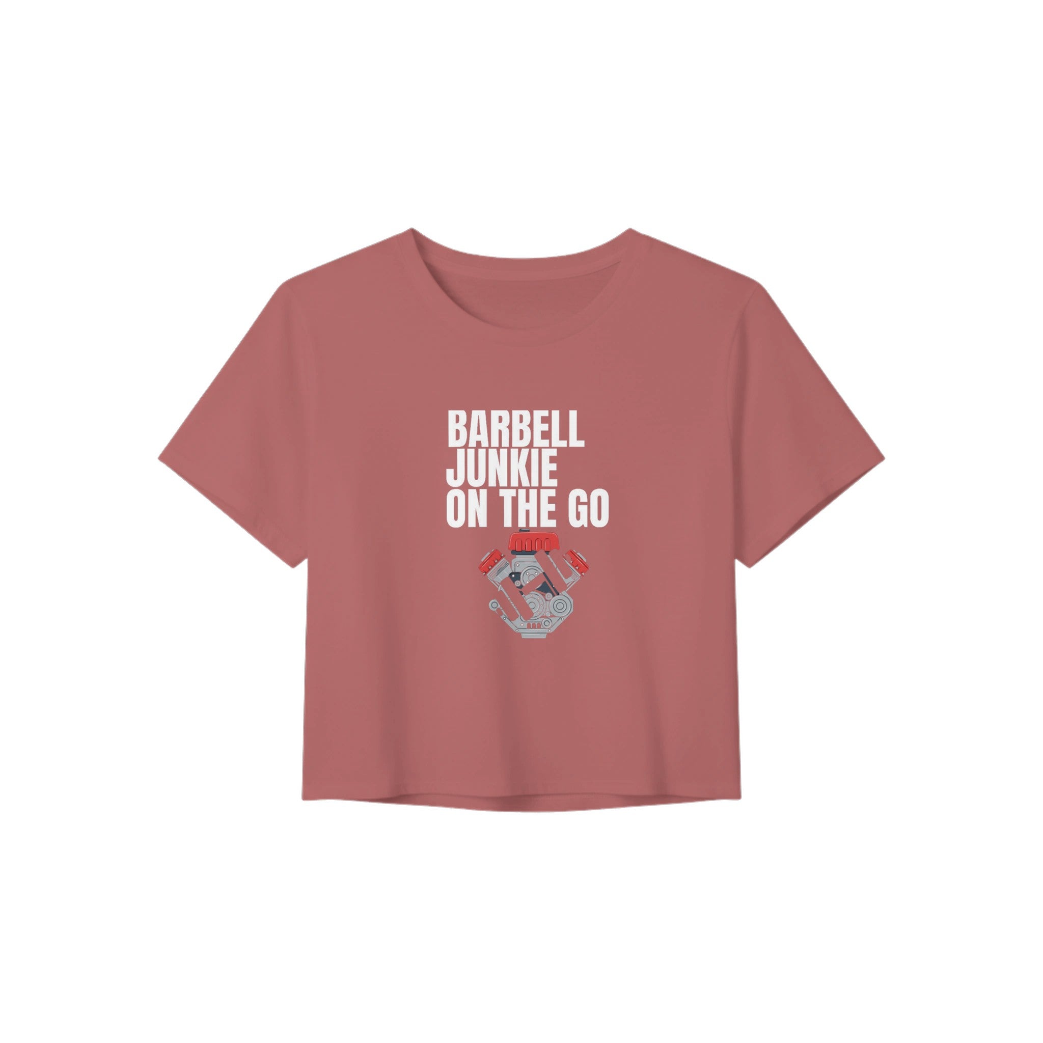 Barbell Junkie on the Go women's crop tee by Dumbbells & Hotels — road warrior gym apparel