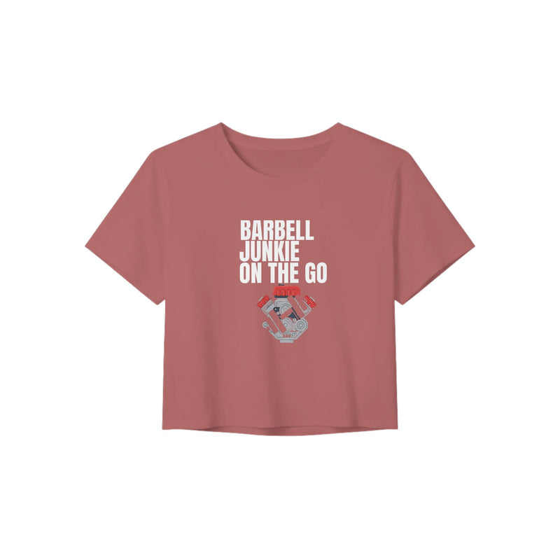 Barbell Junkie on the Go women's crop tee by Dumbbells & Hotels — road warrior gym apparel