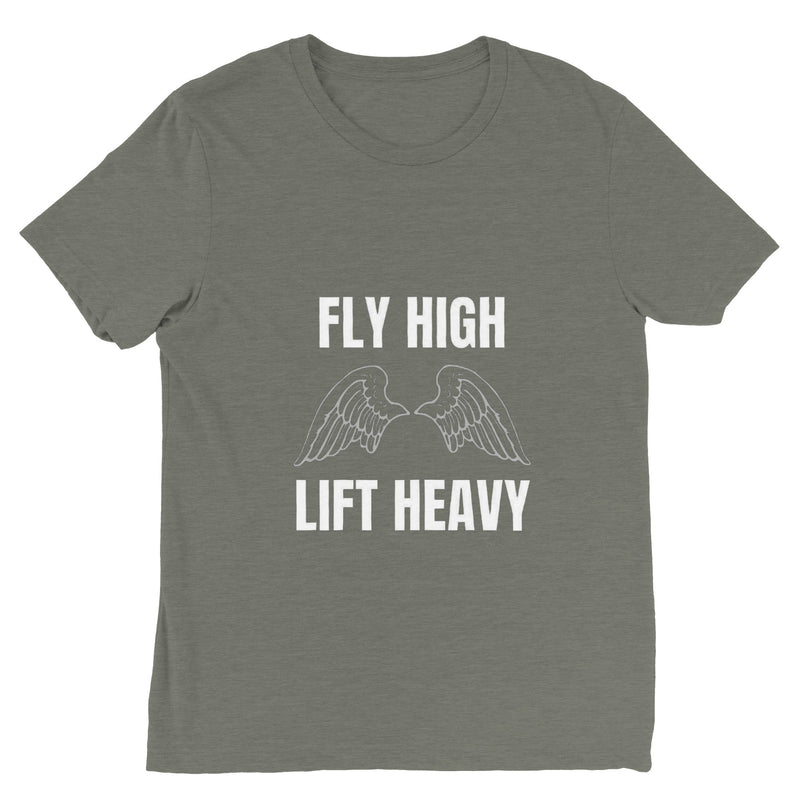 Fly High, Lift Heavy Wingspan Travel Tee close-up of wingspan artwork print — Dumbbells & Hotels road warrior apparel