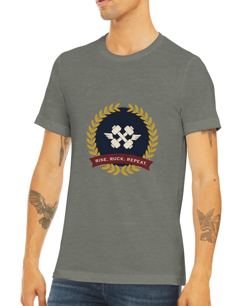 Rise. Ruck. Repeat. artwork detail on a unisex triblend tee designed for hotel gyms and long layovers