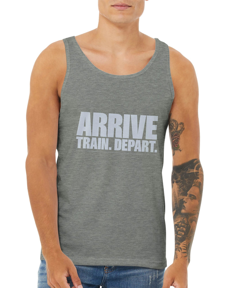 Arrive. Train. Depart. Tank | Dumbbells & Hotels - Arrive. Train. Depart. design, tank product photo
