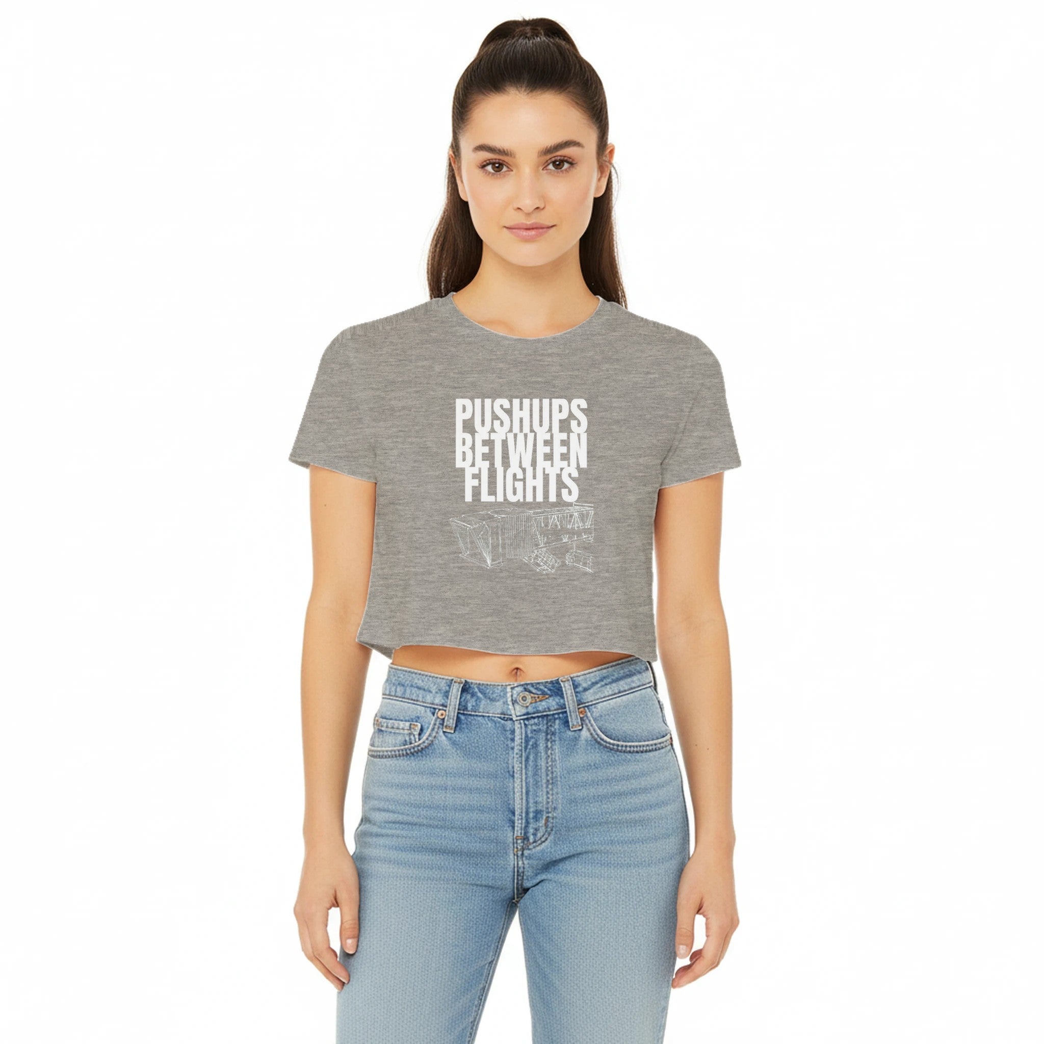 women's flowy travel crop tee with white Pushups Between Flights jet-bridge print, product view 8