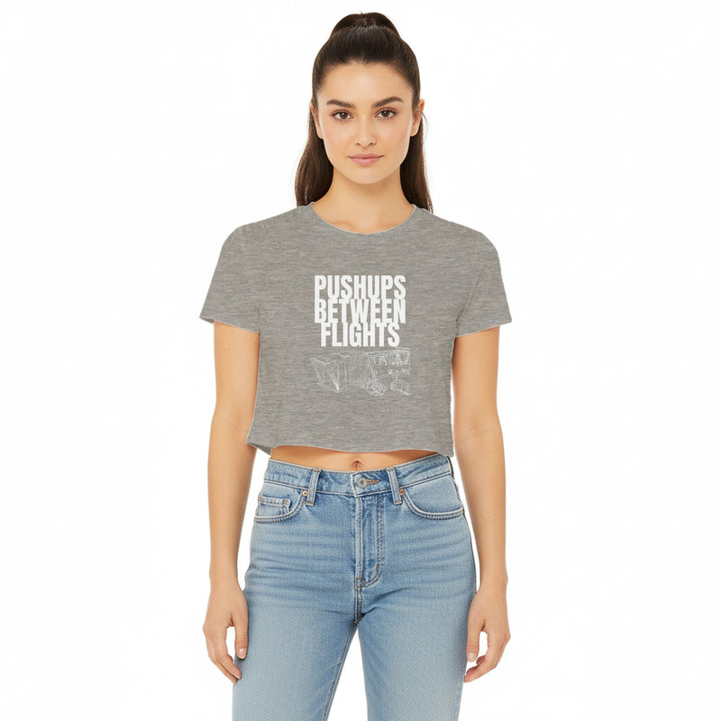 women's flowy travel crop tee with white Pushups Between Flights jet-bridge print, product view 8