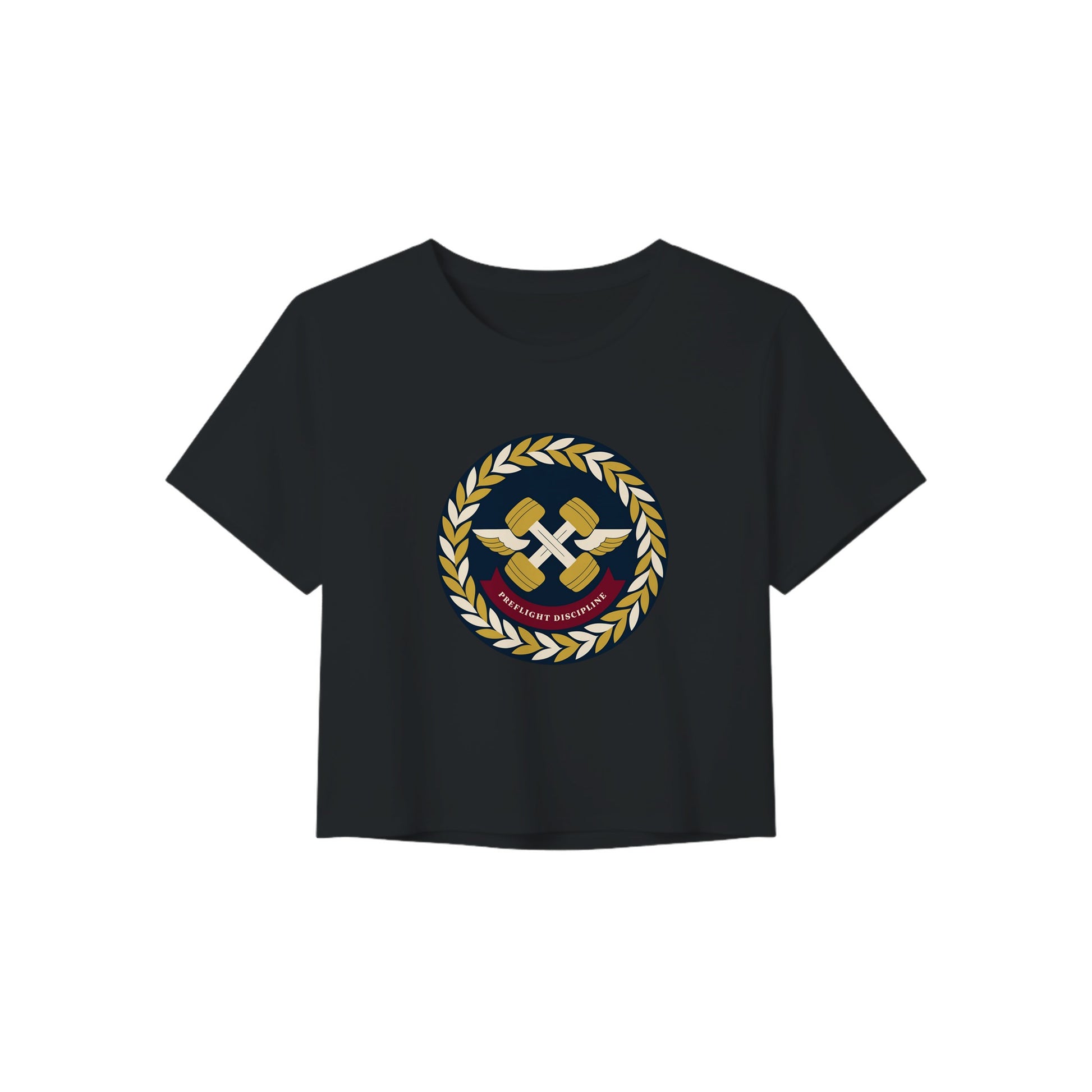 Preflight Discipline winged-dumbbell crest with laurel wreath on a women's crop tee by Dumbbells & Hotels — view 3 of 7