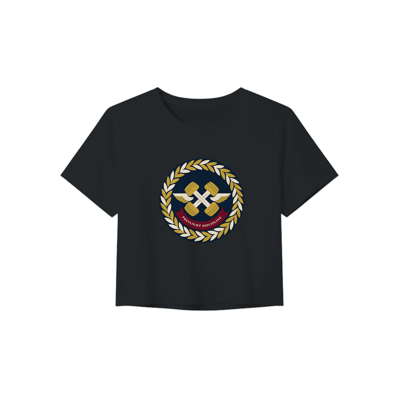 Preflight Discipline winged-dumbbell crest with laurel wreath on a women's crop tee by Dumbbells & Hotels — view 3 of 7