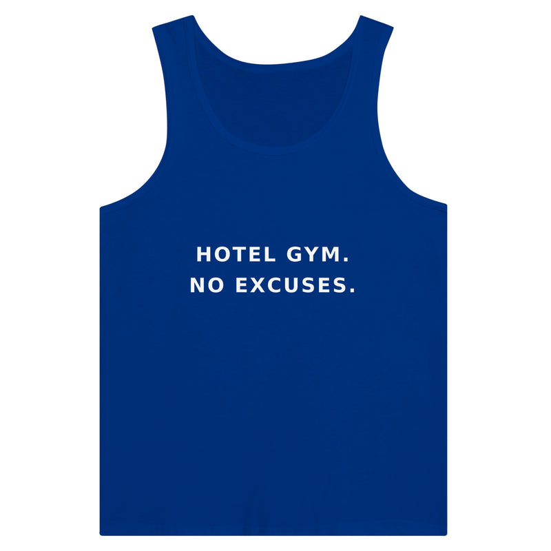 men's premium travel tank with white Hotel Gym. No Excuses. statement print for hotel gym sessions