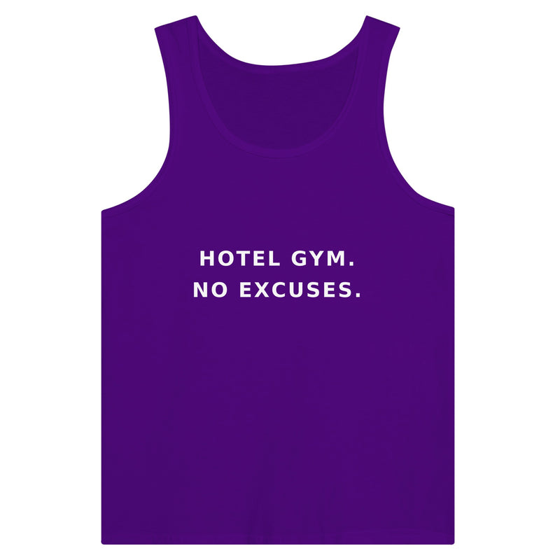 men's premium travel tank with white Hotel Gym. No Excuses. statement print for hotel gym sessions