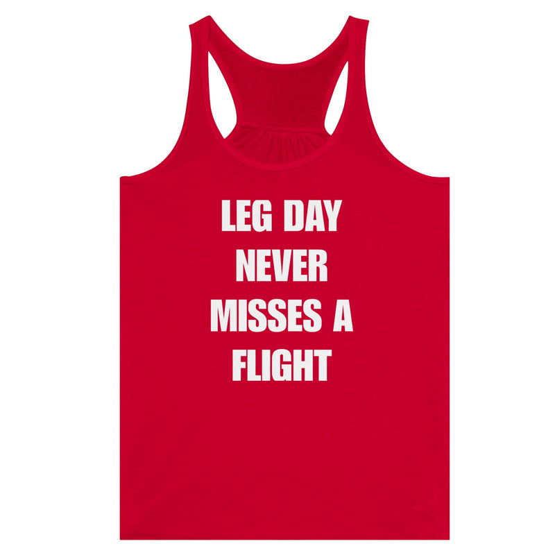 Dumbbells & Hotels women's flowy racerback tank with the Leg Day Never Misses a Flight graphic - product shot 9 of 13