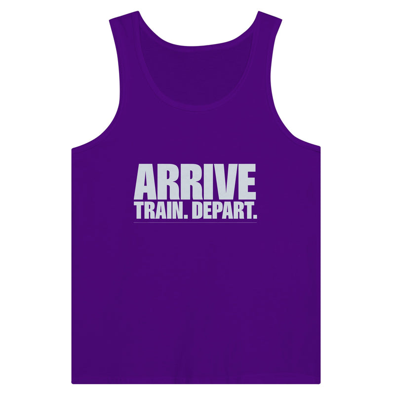 Arrive. Train. Depart. Tank | Dumbbells & Hotels - Arrive. Train. Depart. design, tank product photo