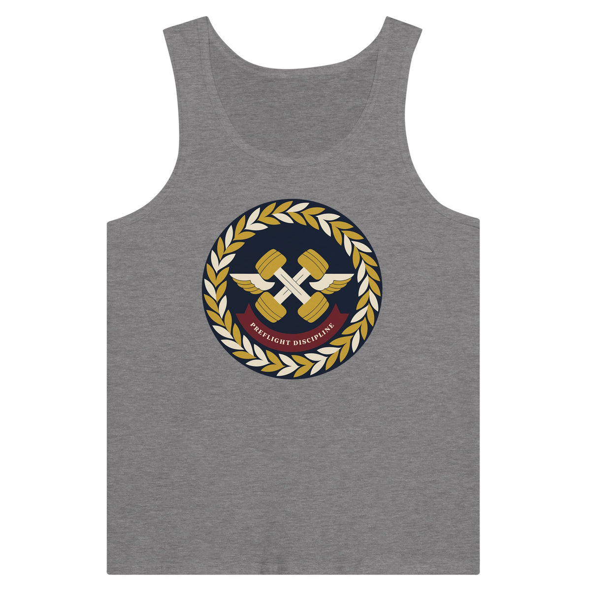 Preflight Discipline unisex tank top for travelling professionals, printed with a laurel-wreath crest with crossed dumbbells, aviator wings and a PREFLIGHT DISCIPLINE banner — product photo 10 of 18