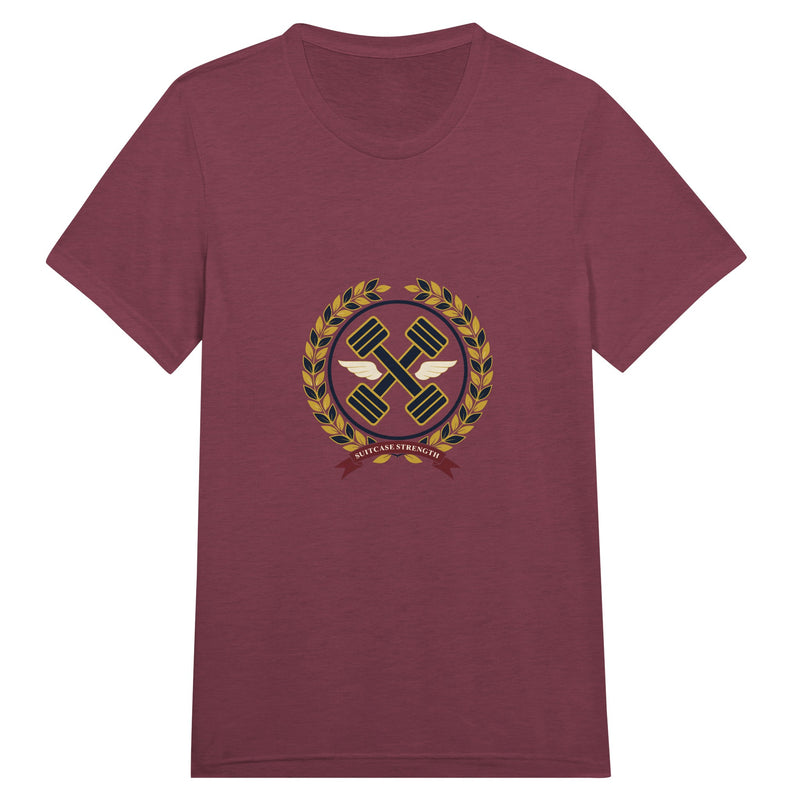Suitcase Strength unisex triblend tee for travelling professionals, printed with a gold laurel-wreath crest with navy crossed dumbbells, cream aviator wings and a SUITCASE STRENGTH ribbon — product photo 12 of 19