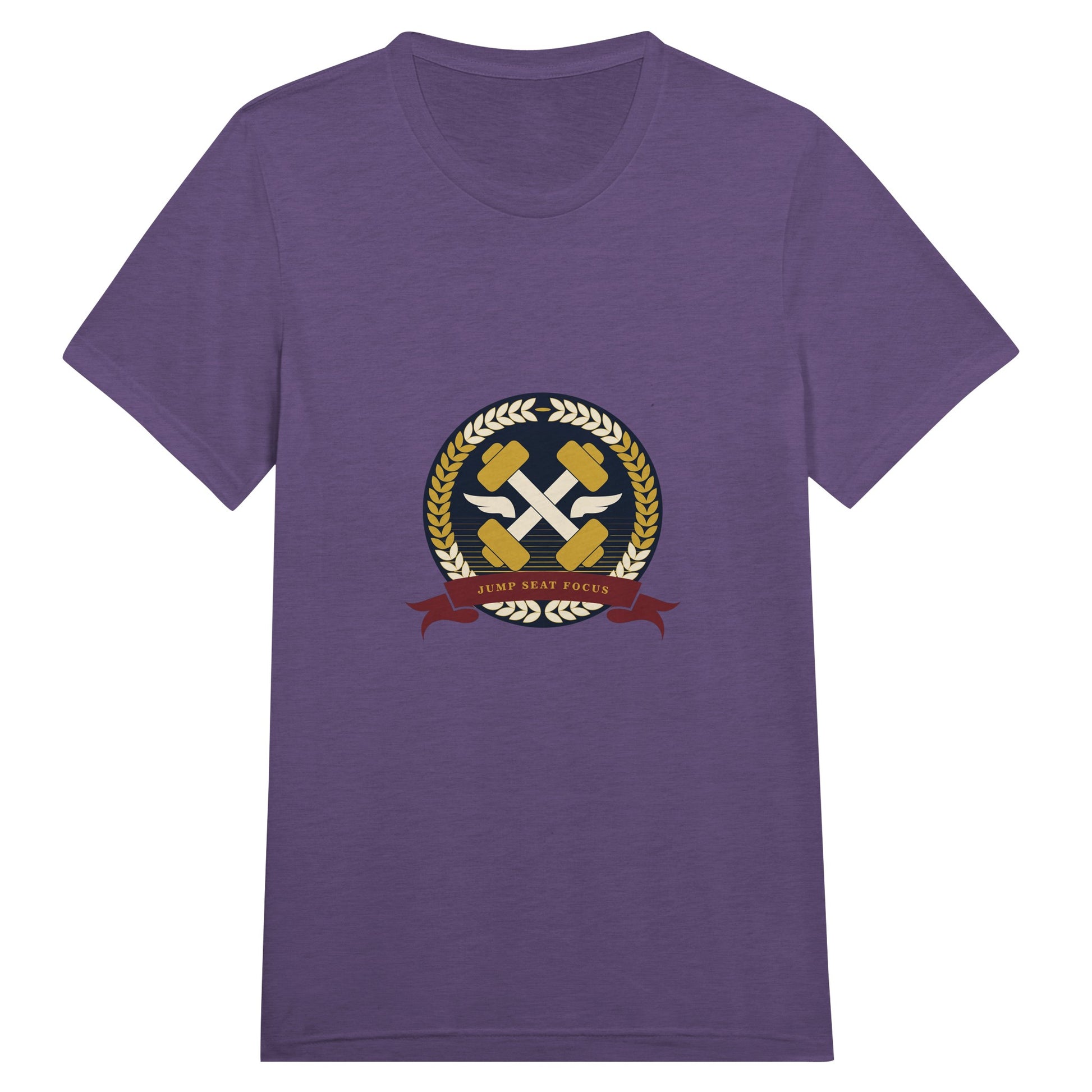 Dumbbells & Hotels unisex triblend tee with the Jump Seat Focus crest (gold laurel ring, crossed dumbbells over aviator wings, burgundy ribbon) - product shot 7 of 19