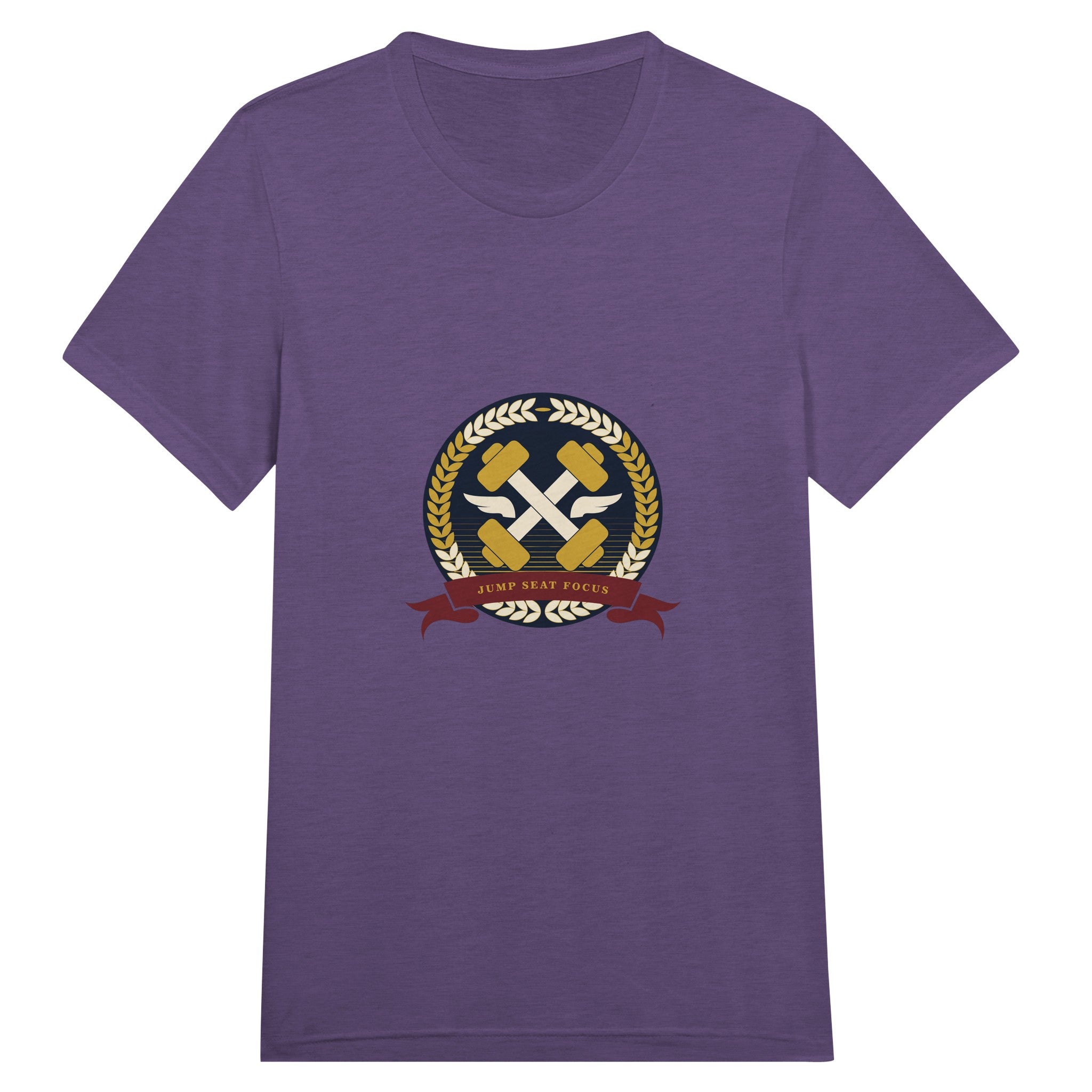 Dumbbells & Hotels unisex triblend tee with the Jump Seat Focus crest (gold laurel ring, crossed dumbbells over aviator wings, burgundy ribbon) - product shot 7 of 19