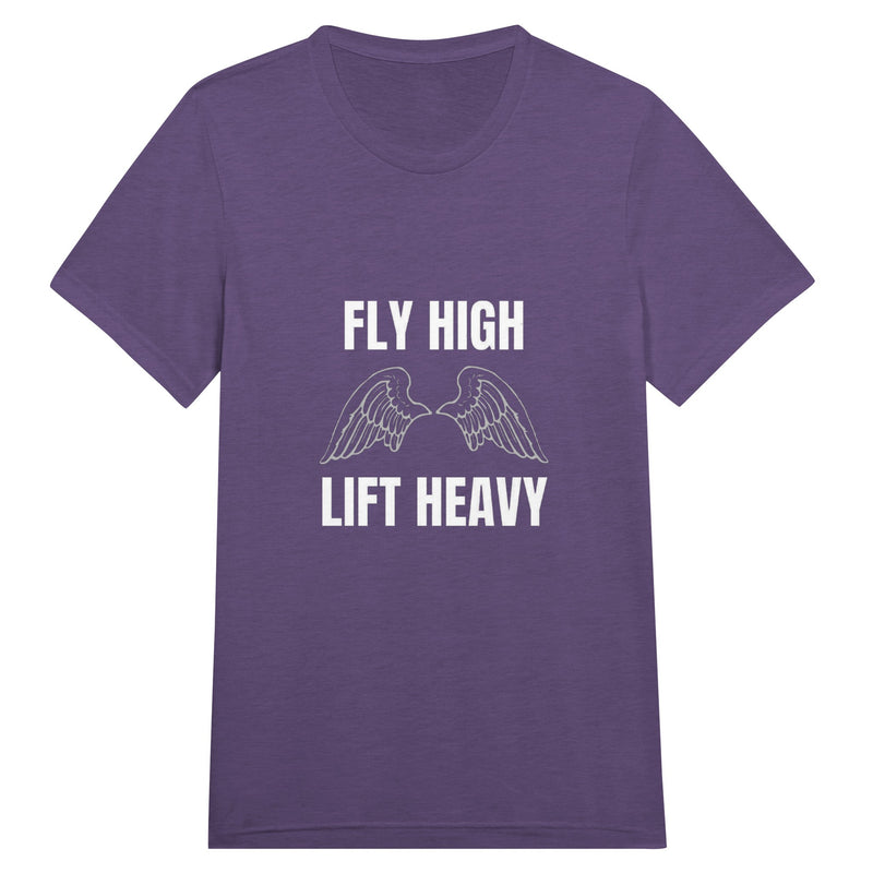 Fly High, Lift Heavy Wingspan Travel Tee in Purple Triblend — wrinkle-resistant travel tee by Dumbbells & Hotels