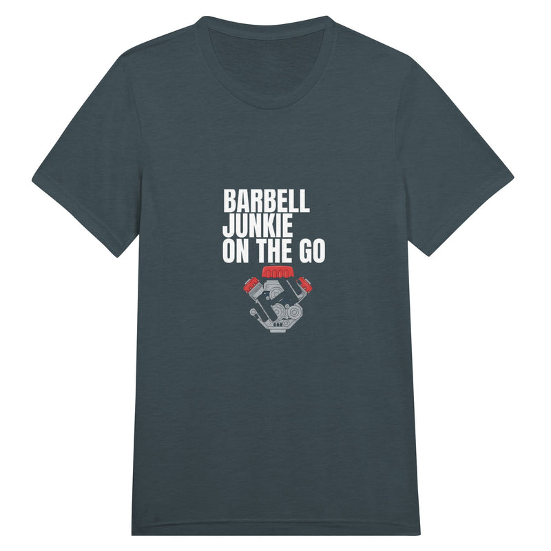 Barbell Junkie on the Go unisex classic travel tee by Dumbbells & Hotels — road warrior gym apparel