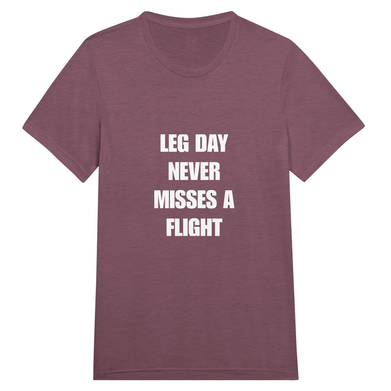 Leg Day Never Misses a Flight unisex triblend tee for travelling professionals, printed with a laurel-wreath crest with crossed dumbbells, aviator wings and a LEG DAY NEVER MISSES A FLIGHT ribbon — product photo 6 of 19
