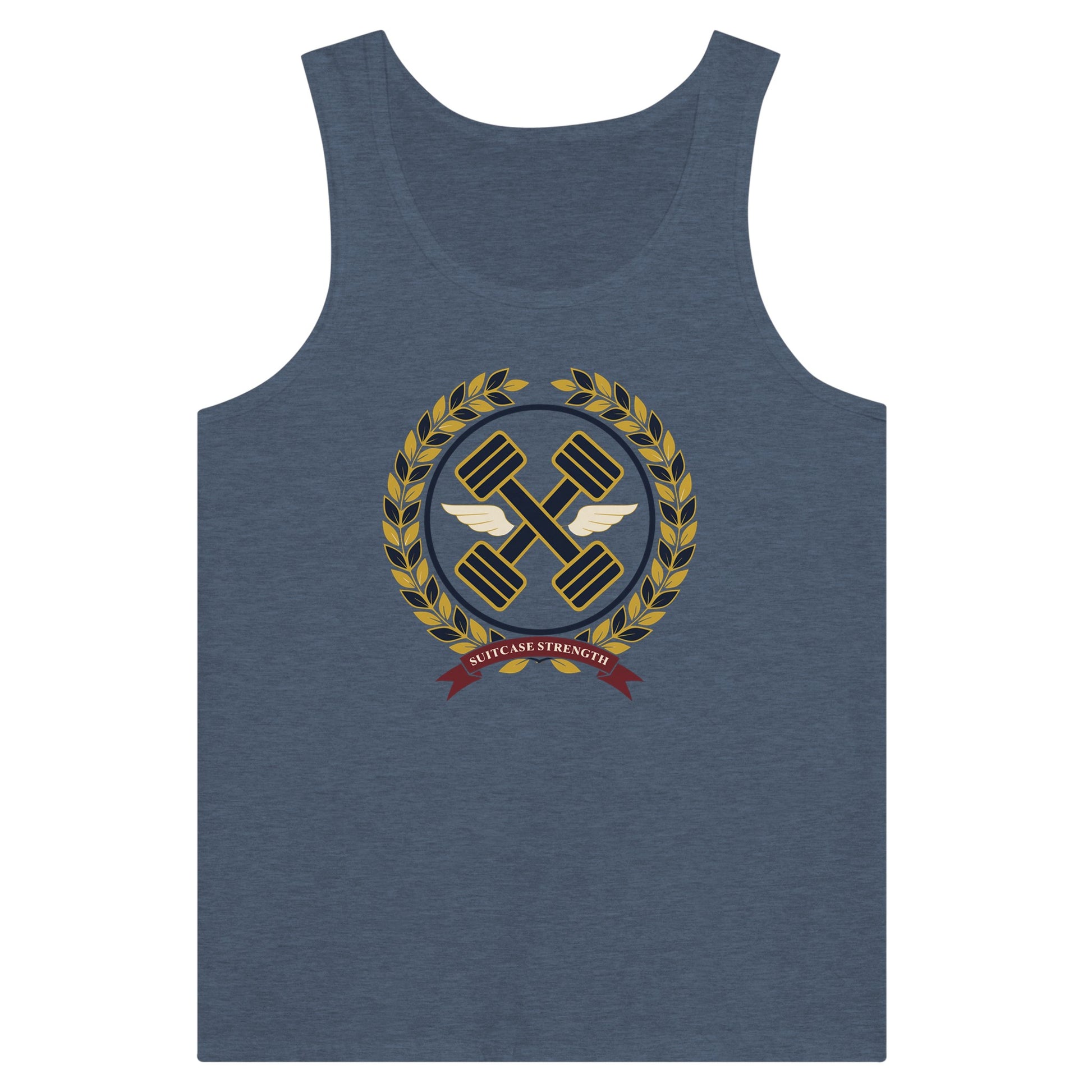 Suitcase Strength unisex premium tank top for travelling professionals, printed with a gold laurel-wreath crest with navy crossed dumbbells, cream aviator wings and a SUITCASE STRENGTH ribbon — product photo 14 of 18
