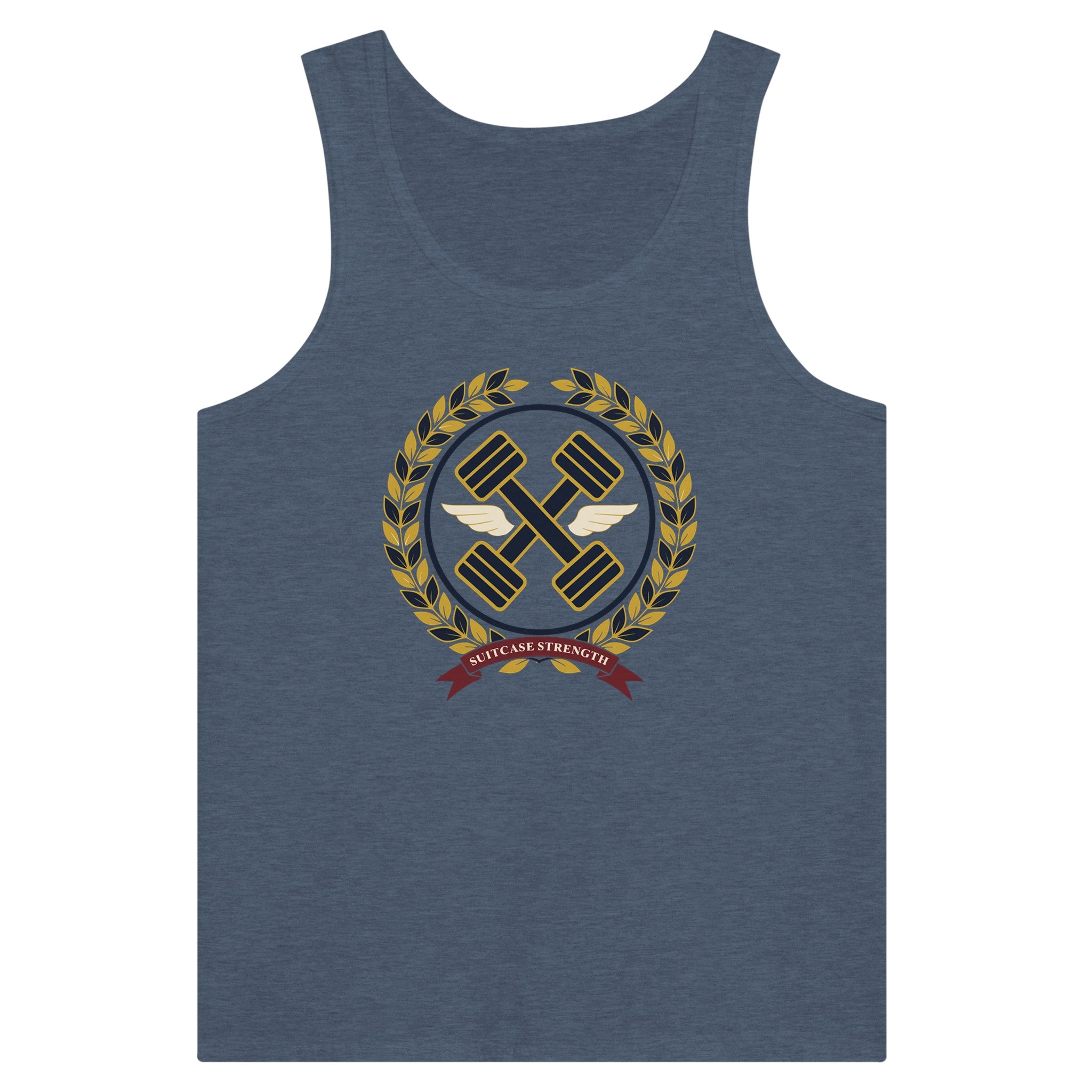 Suitcase Strength unisex premium tank top for travelling professionals, printed with a gold laurel-wreath crest with navy crossed dumbbells, cream aviator wings and a SUITCASE STRENGTH ribbon — product photo 14 of 18