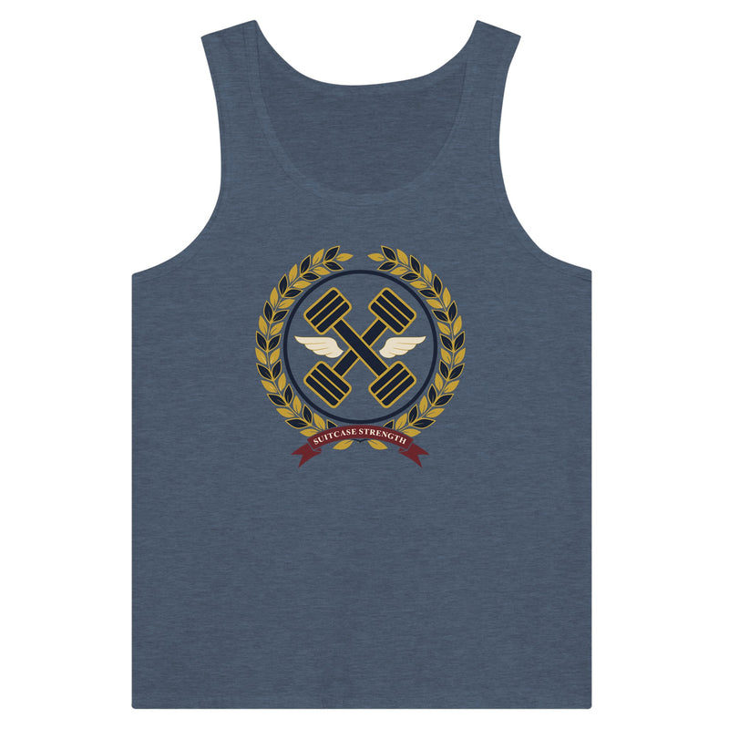 Suitcase Strength unisex premium tank top for travelling professionals, printed with a gold laurel-wreath crest with navy crossed dumbbells, cream aviator wings and a SUITCASE STRENGTH ribbon — product photo 14 of 18