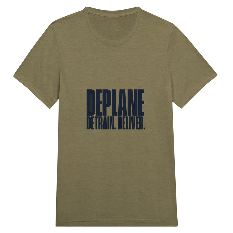 Deplane. Detrain. Deliver. travel tee, Dumbbells and Hotels, colorway flat lay