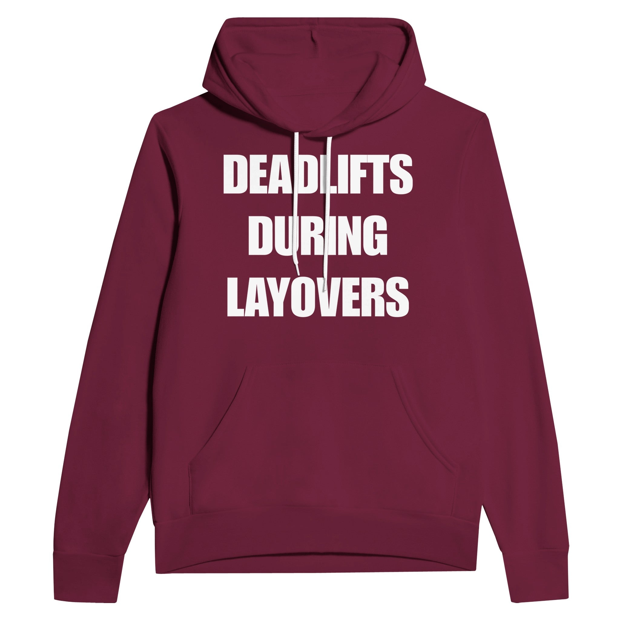 Deadlifts During Layovers travel hoodie — wrinkle-resistant gear that packs flat for the carry-on | Dumbbells & Hotels