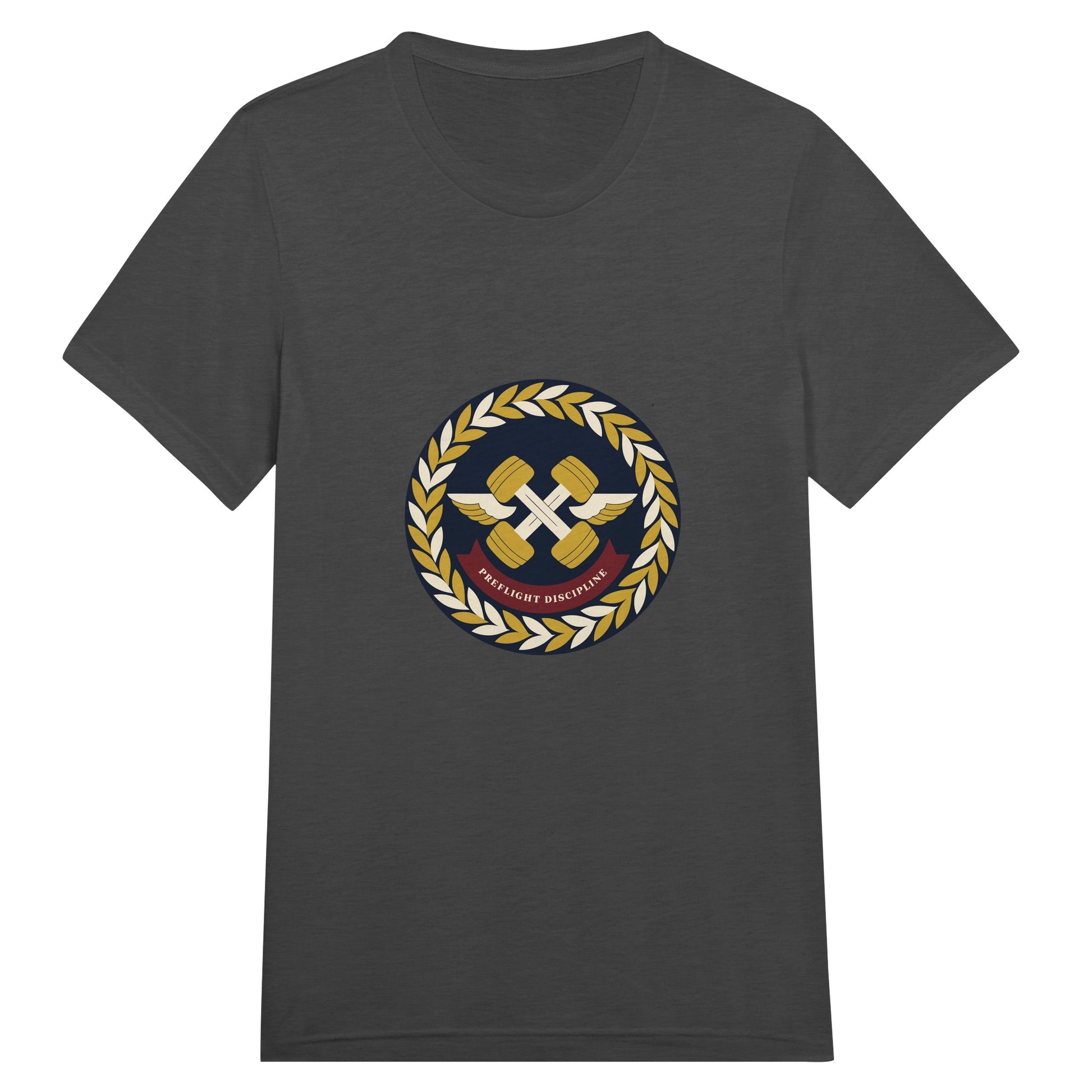 Preflight Discipline winged-dumbbell crest with laurel wreath on a unisex triblend tee by Dumbbells & Hotels — view 10 of 19