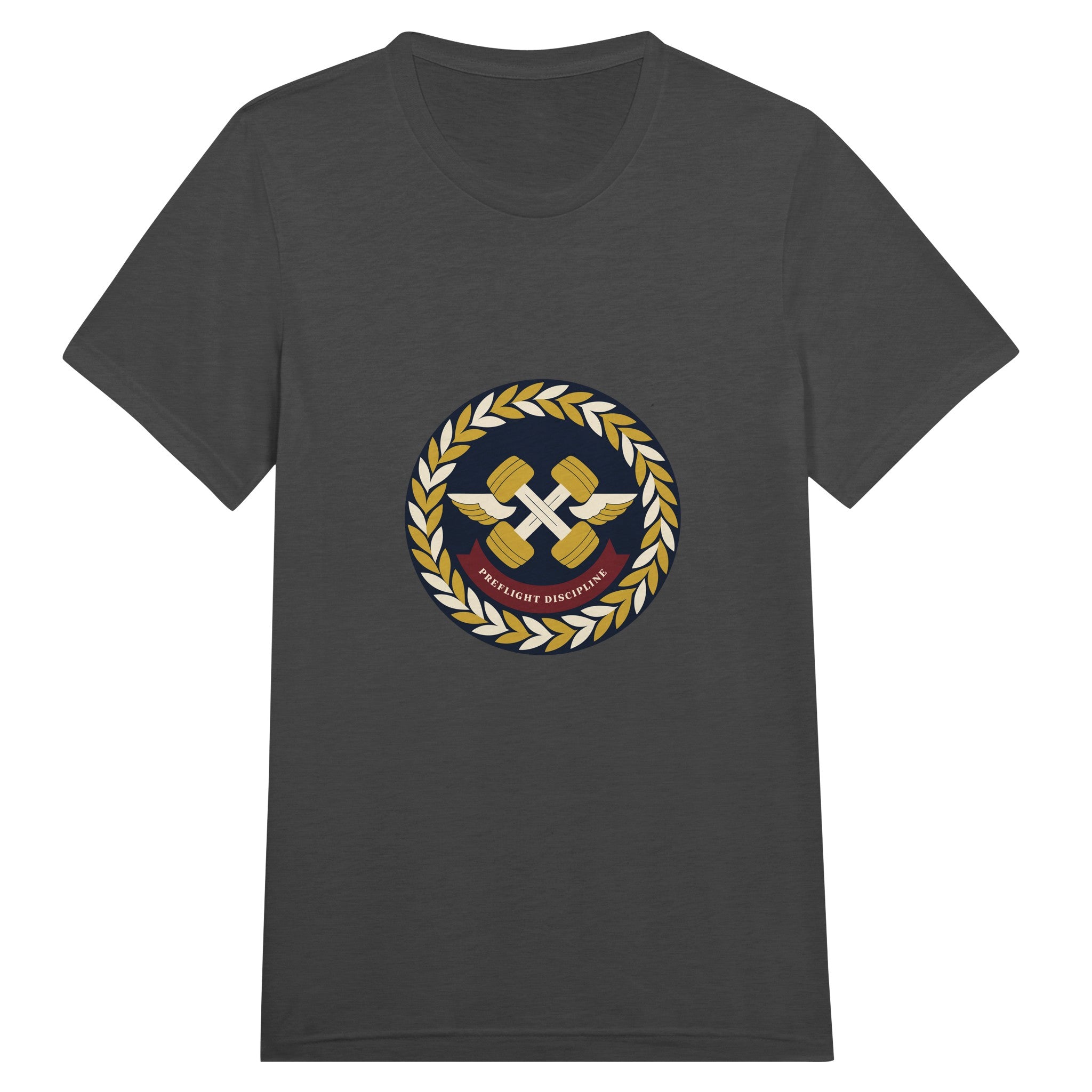 Preflight Discipline winged-dumbbell crest with laurel wreath on a unisex triblend tee by Dumbbells & Hotels — view 10 of 19